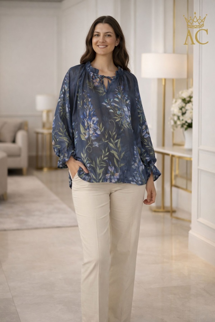 Blouse Sil Tencel 100nm vingerhoedskruid ruchekraag met split en strik wijde volantmanchet