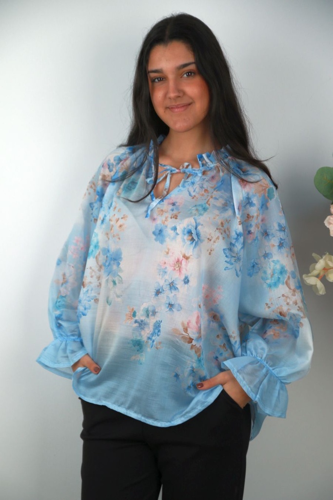 Blouse Sander Tencel 100nm anemone ruffle collar with slit and bow wide full-length cuff