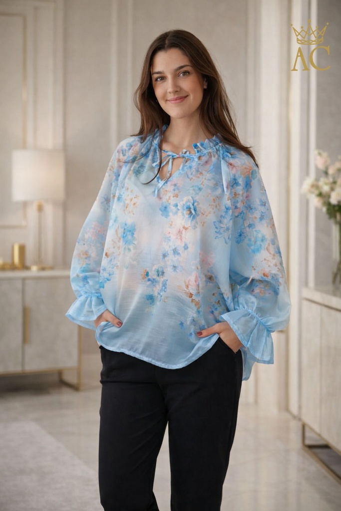 Blouse Sander Tencel 100nm anemone ruffle collar with slit and bow wide full-length cuff