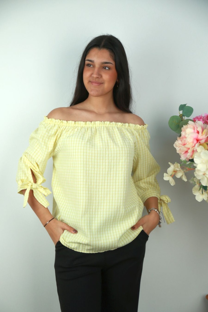Checkered blouse Nyk nm85 off-shoulder bow ribbon sleeves