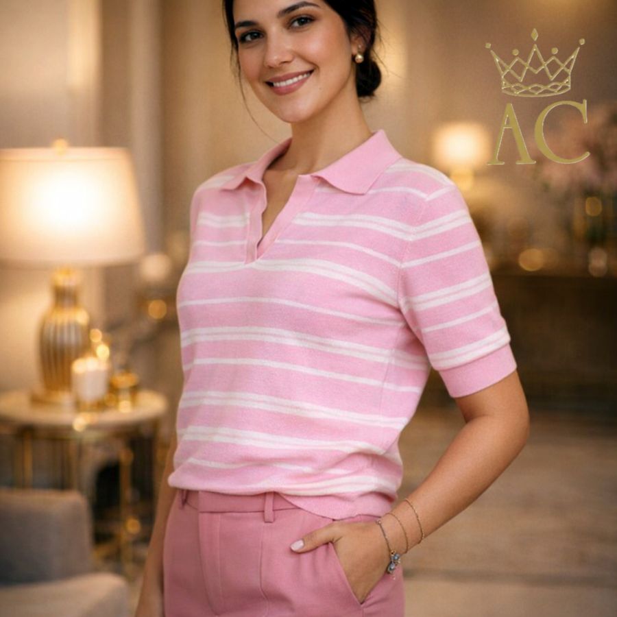 T-shirt Nanette nm100 v-hals polokraag horizontale strepen