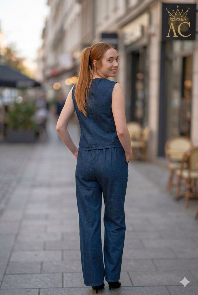 Denim vest Orestis nm65 collarless neck pointed hem 5 buttons