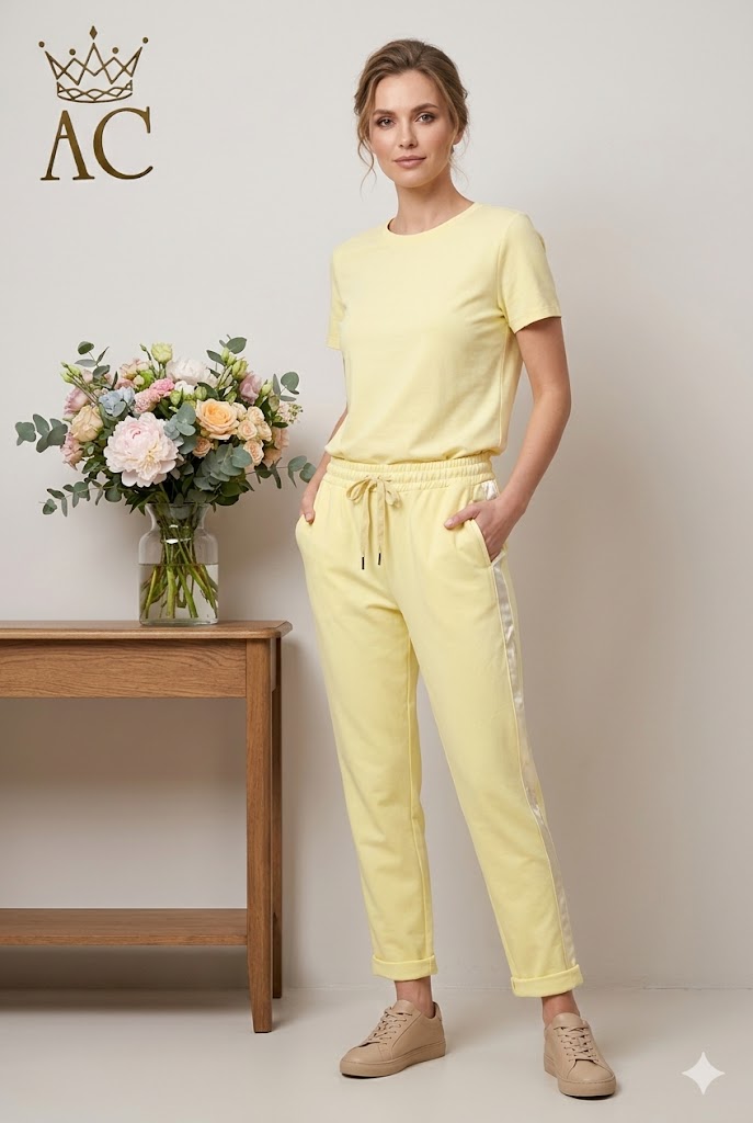 Jogging pants Ouiame nm95 satin side gallon stretch waist with riding ribbon and narrow leg