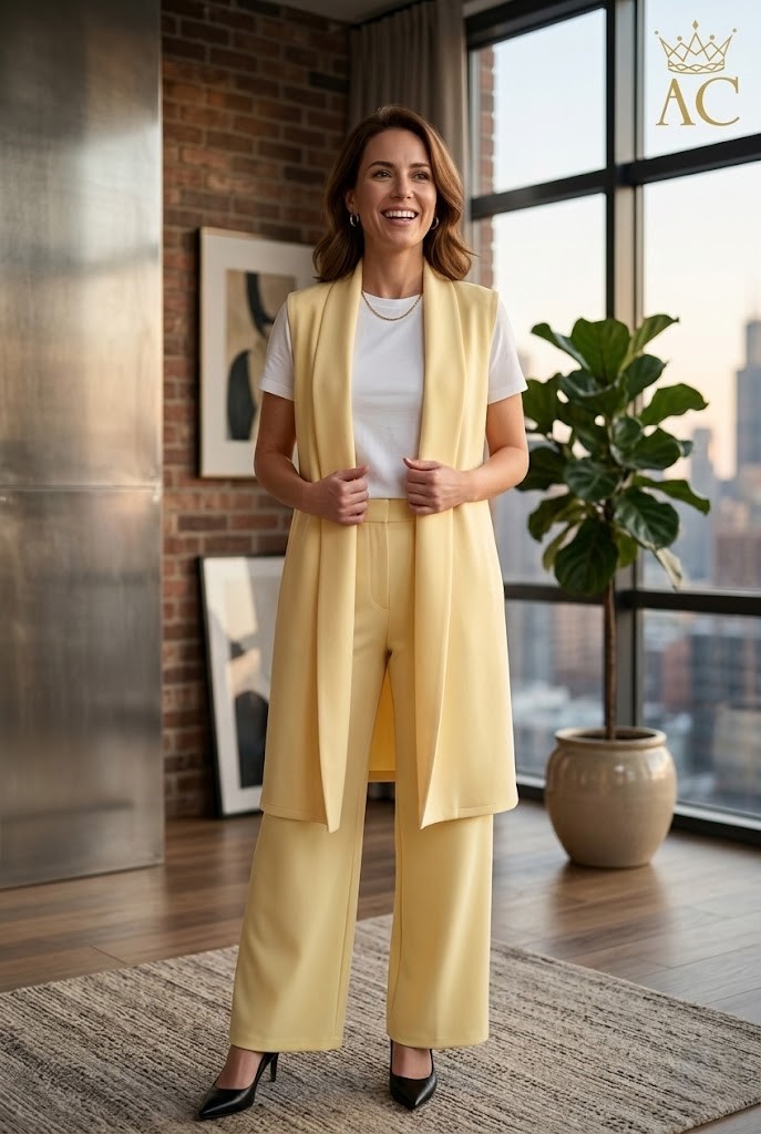 Twin set Obaida nm47 mouwloze jas met assorti wijde broek sweaterstof