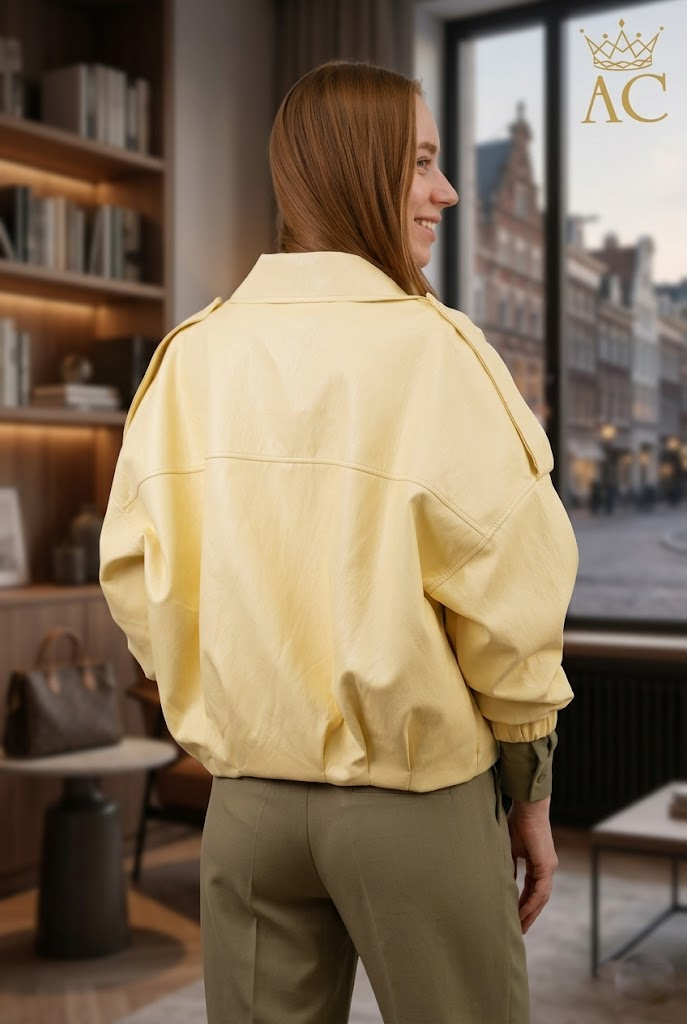 Veste en cuir écologique Olger nm55 ourlet ballon avec 6 plis sautés et épaulettes