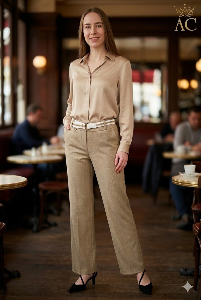 Broek Onah fijn diagonaal gelijnd met kruis wijde pijp eco leren riem