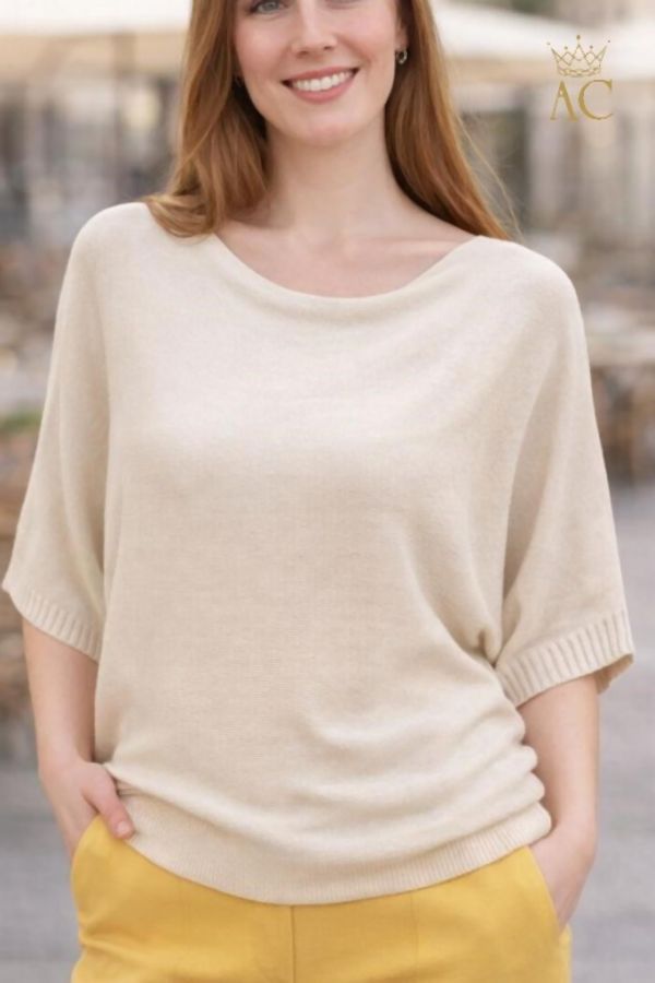 Pull Stella nm50 manches chauve-souris col ouvert toucher doux et ourlets côtelés moyens
