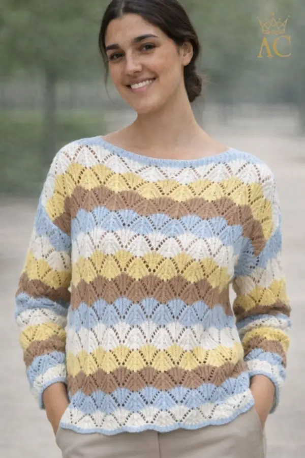 Pull Storm nm65 ajour gebreid open hals zigzaglijnen gebekte zoom