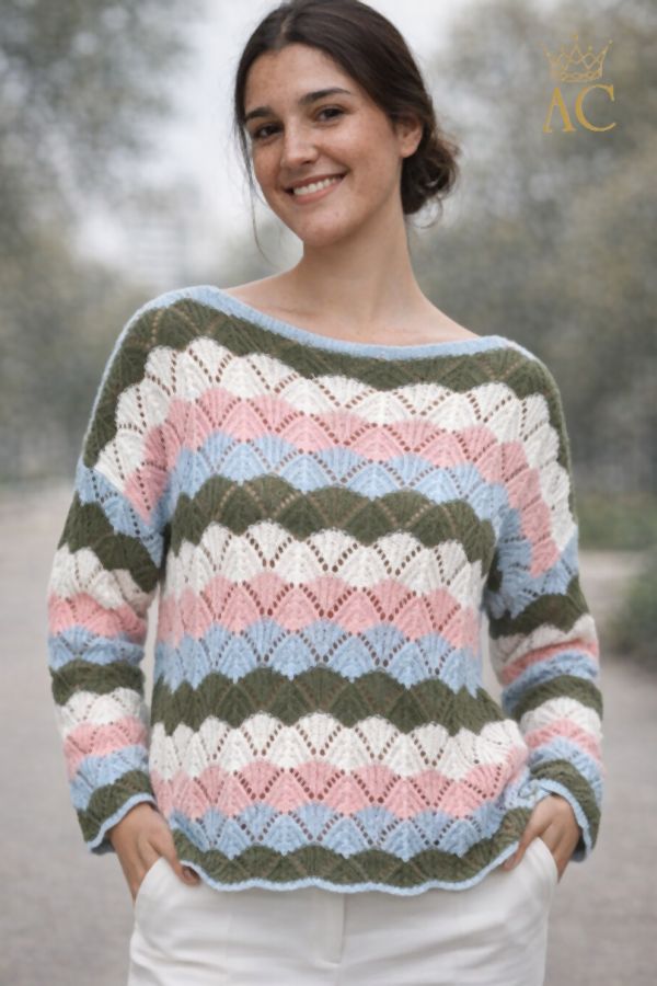 Pull Storm nm65 ajour knit open neck zigzag lines ticked hem