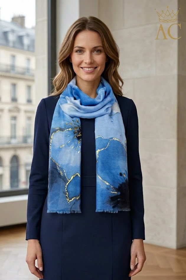 Scarf Rosemary with watercolor flower and gold details nm100