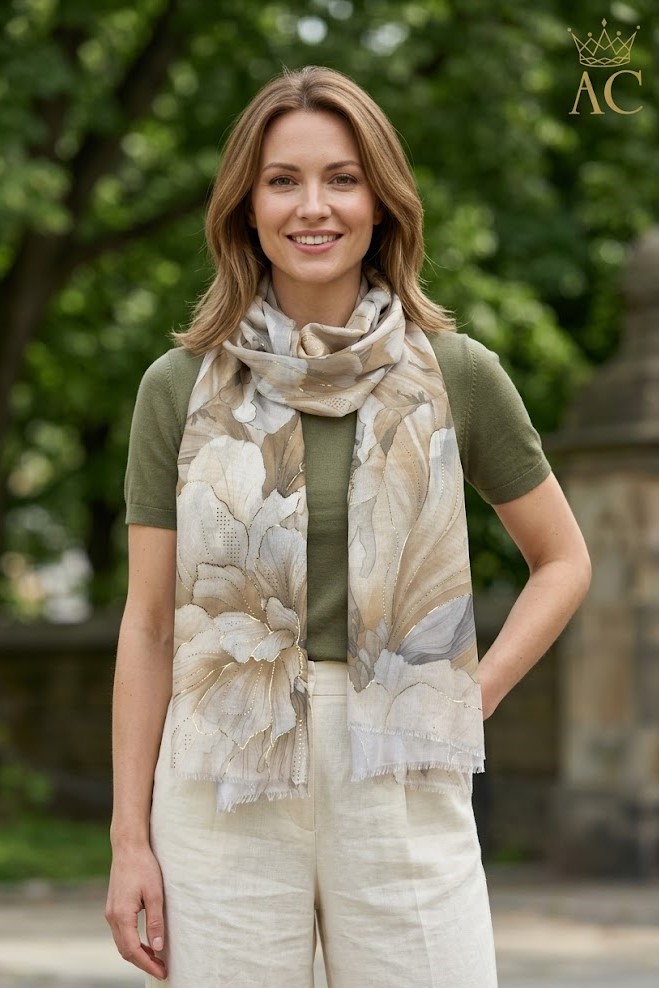 Scarf Rose with gold outlined flower nm100