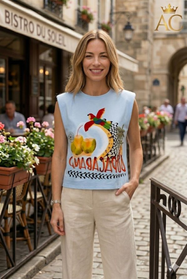 Top Querine sleeveless shoulder structure striking photo print front and back