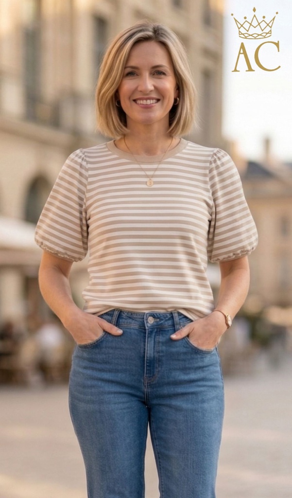 T-shirt Sebastian nm95 cotton balloon sleeve round neck striped