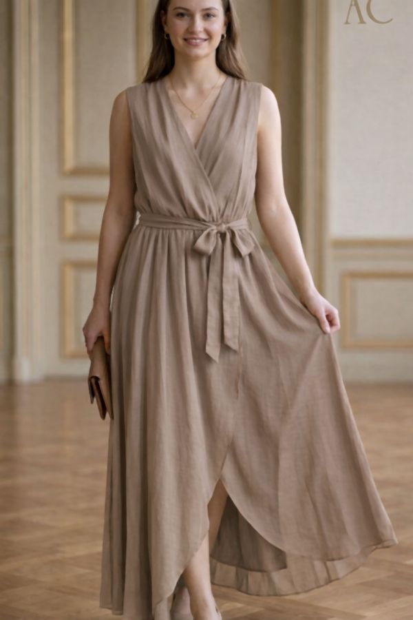 Robe de soirée Siebe nm89 tencel col en V portefeuille jupe et jupon lien à la taille