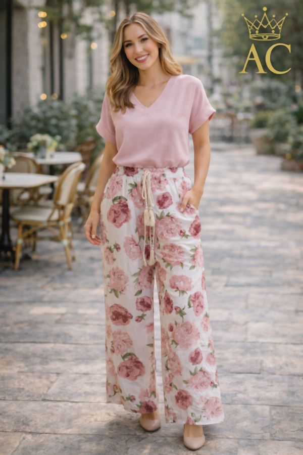 Pants Nouafel nm85 rose print stretcher with drawstring