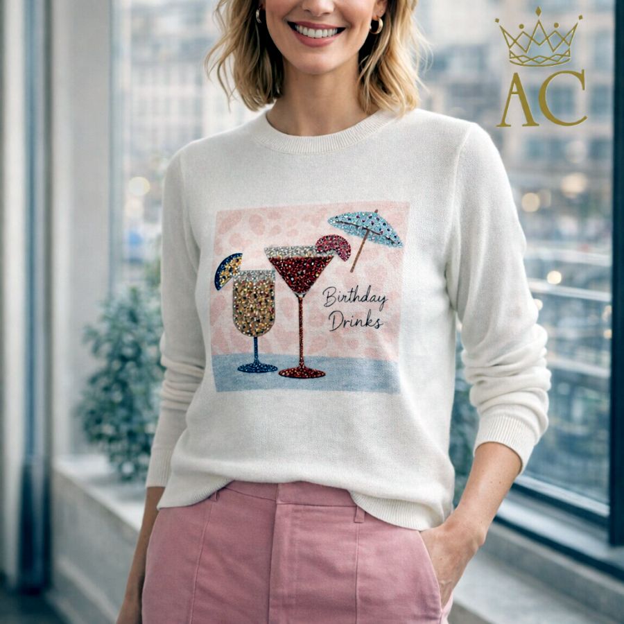 Sweater Olaya Birthday drinks cocktail glasses with umbrella and rhinestones