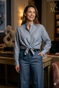 Verticaal gestreepte blouse Suze met opstaande kraag en strikdetail