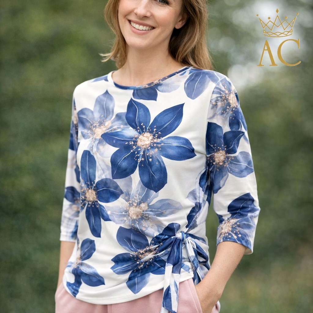 T-shirt Om large flowers double tied ribbon left waist open neckline