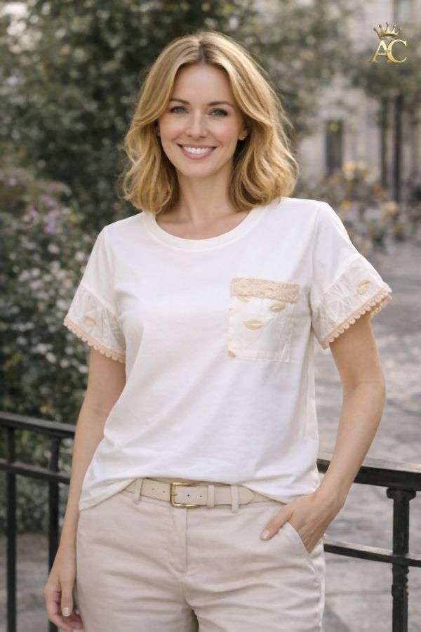 T-shirt Nicklas nm95 poche poitrine ajourée ourlet brodé