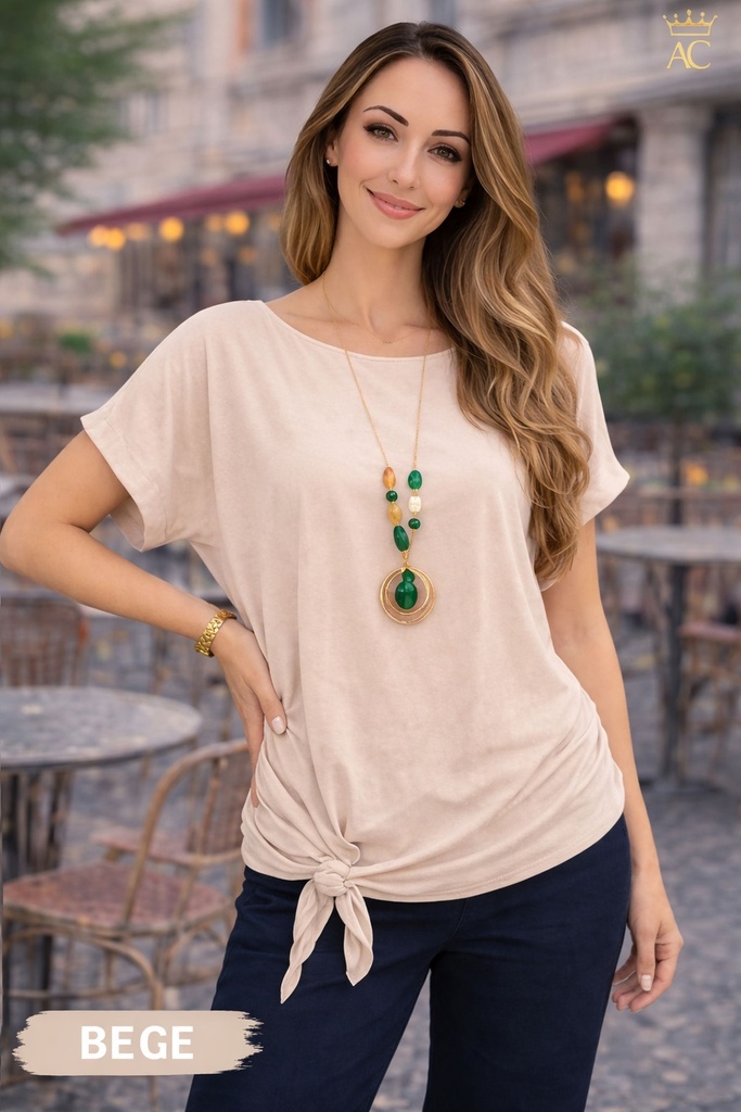 Blouse Qwynn waist tie open neck crepe