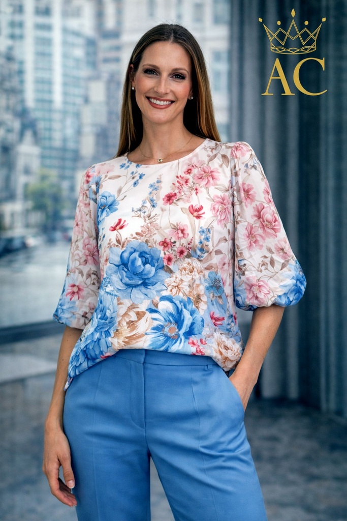 Blouse Olek nm44 gebloemd crepe gepofte manchet en zoom open rug satijnen binder
