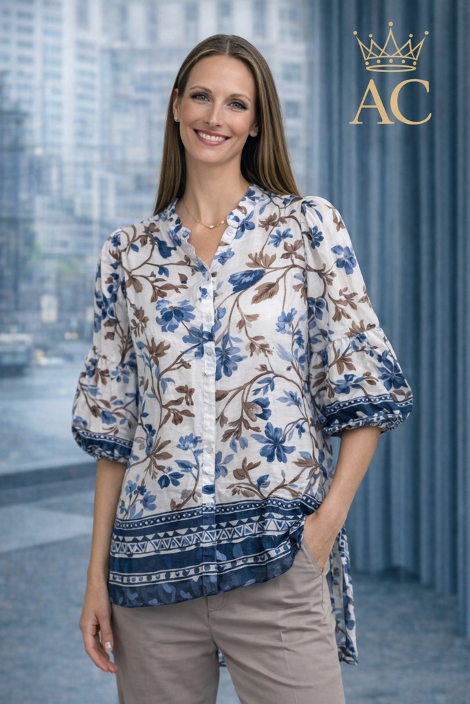Blouse Ouke nm85 floral tencel puffed cuff Tunisian collar nacré buttoned through