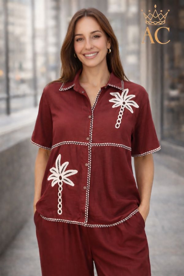 Blouse Penelope nm75 embroidered piping embroidered palm tree