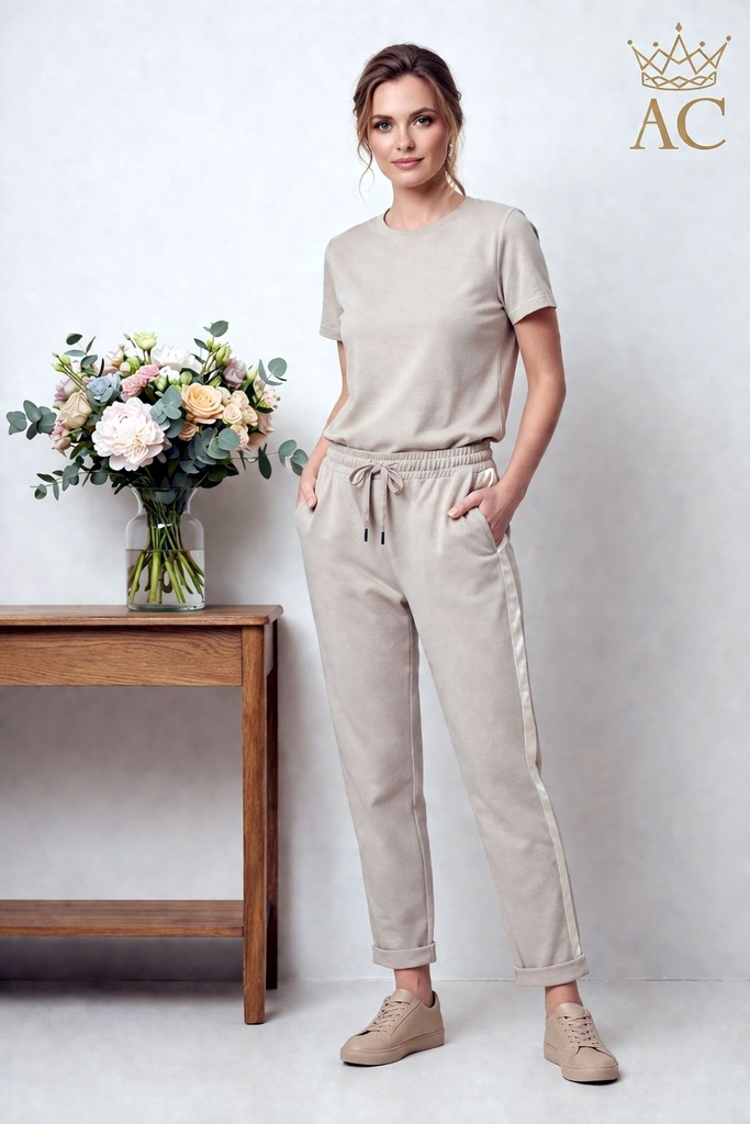 Pantalon de jogging Ouiame nm95 satin côté gallon taille stretch avec ruban cavalier et jambe étroite