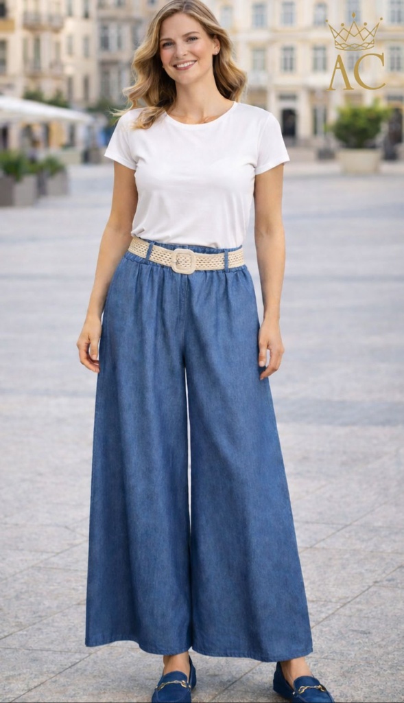 Pants Skye nm98 cotton wide leg pants plain light denim quality with braided belt and inset pockets
