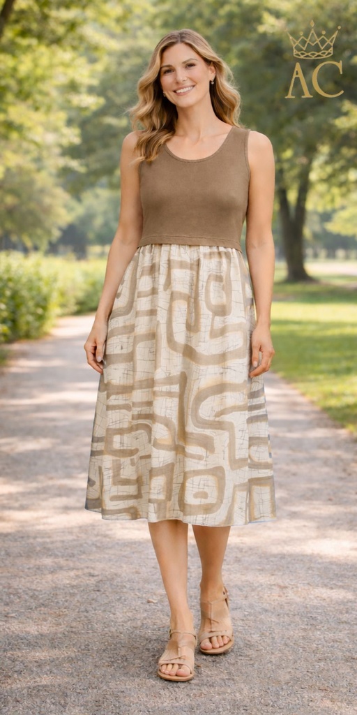 Jurk Suzanne nm100 up jersey viscose klokrok doolhofprint mouwloos