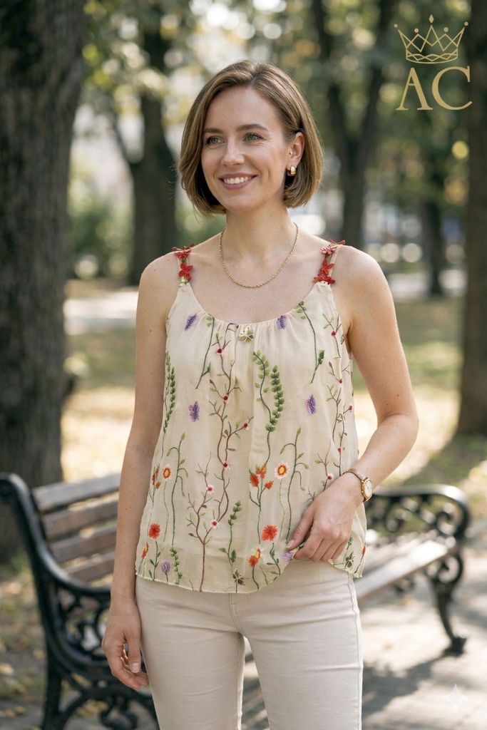 Zijden top Quynh met draperie met wildbloemen en bloembandjes  