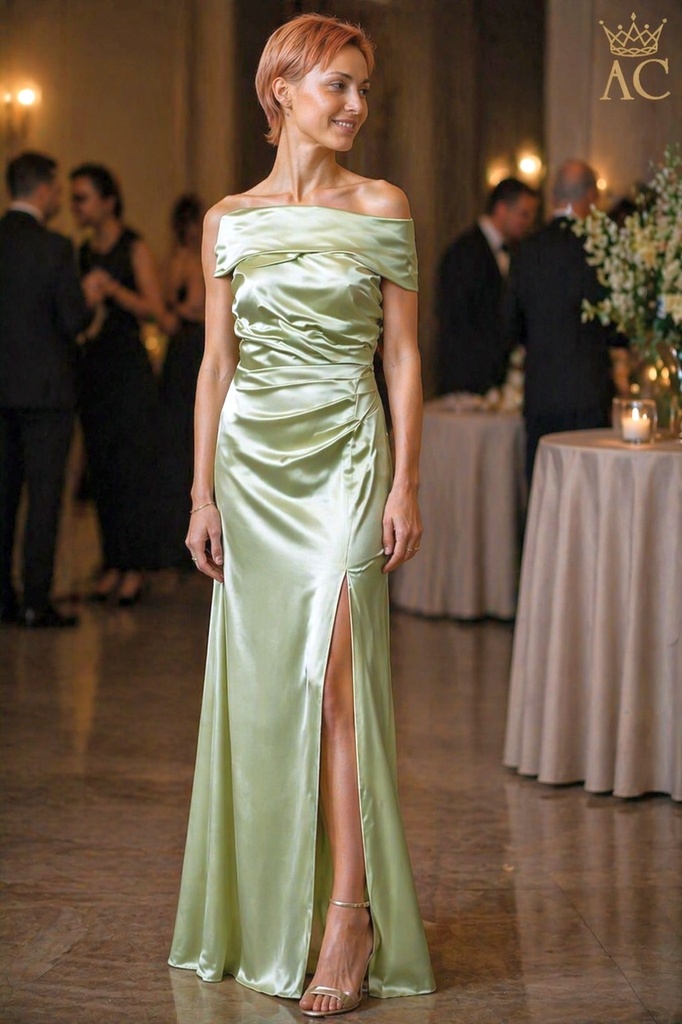 Long cocktail dress Omario crossed V-neck wide shoulder strap side pleats deep slit heavy satin