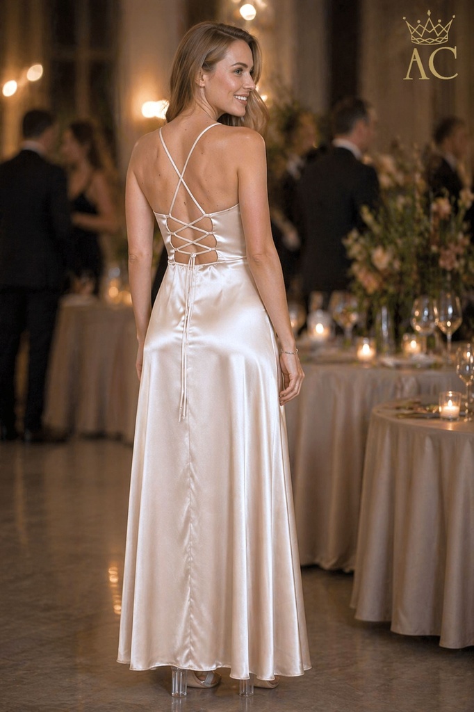 Long coktail dress Obe satin v-neck overlap spaghetti straps open back riding ribbon bell skirt