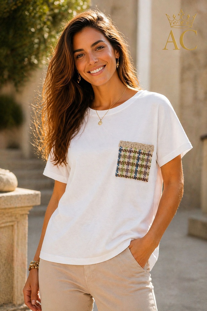 T-shirt Oluwatobi nm95 breast pocket in studded yarn round neckline