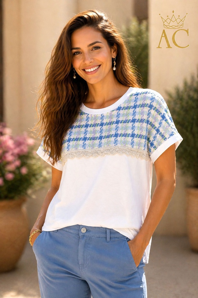 T-shirt Obed nm95 chest piece in studded yarn multicolor round neckline