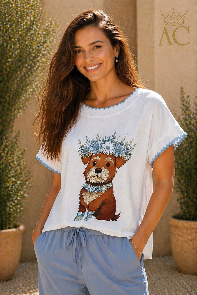 T-shirt Ounaysa nm95 chien couronne de fleurs collier couronne de jambe tricot bordure ondulée