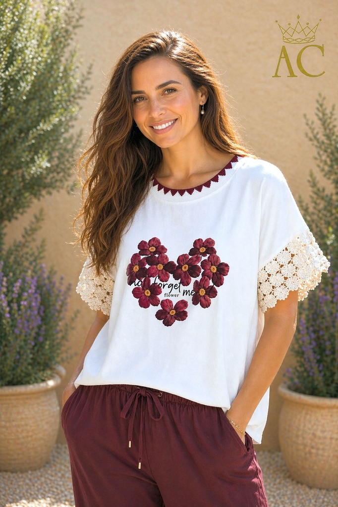 T-shirt Octavian nm95 9 flowers not forget me flower crochet cuff bicolour trim