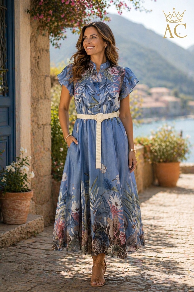 Robe longue d'été Onayssa nm85 floral tencel manche papillon col tunisien ceinture tressée