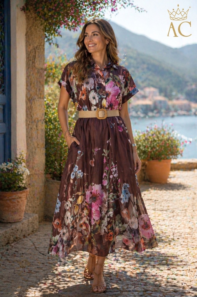 Ozgur nm85 floral collar nacré buttons raffia belt