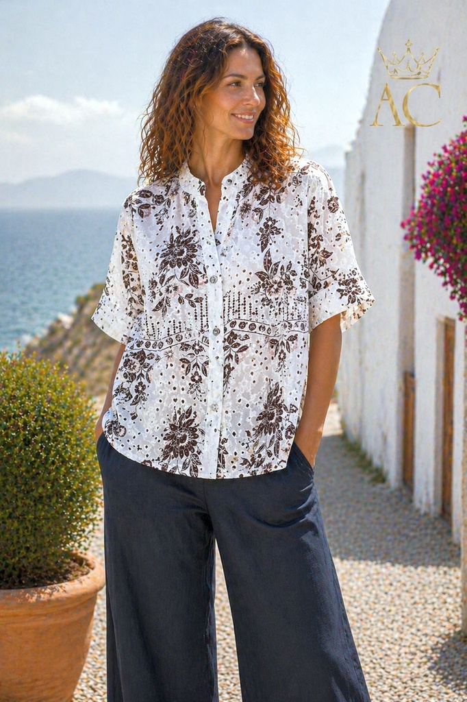 Blouse Osaze nm100 ajour brodé col tunisien taille bouton