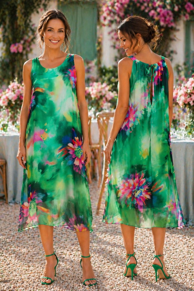 Sleeveless dress Sebas nm83 silk tie die blurred floral with underdress back slit with frilled bow