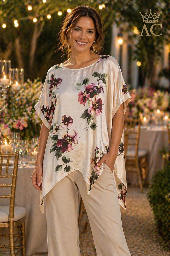 Blouse Seppe nm83 silk wide bat sleeve round neck under-top burgundy-green-yellow flowers