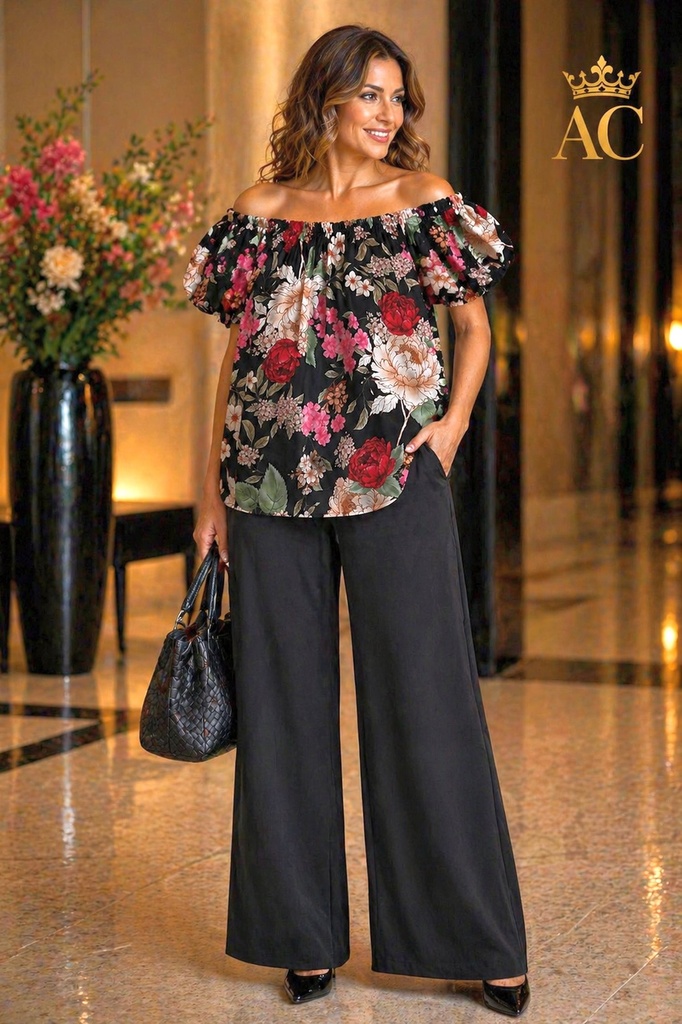 Blouse Omra nm100 off shoulder gebloemd Egyptisch katoen pofmouw