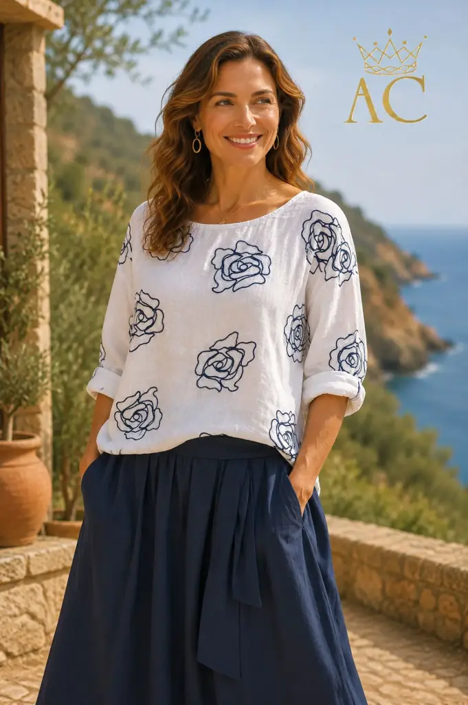 Linnen blouse Odys nm100 geborduurde rozen open hals 