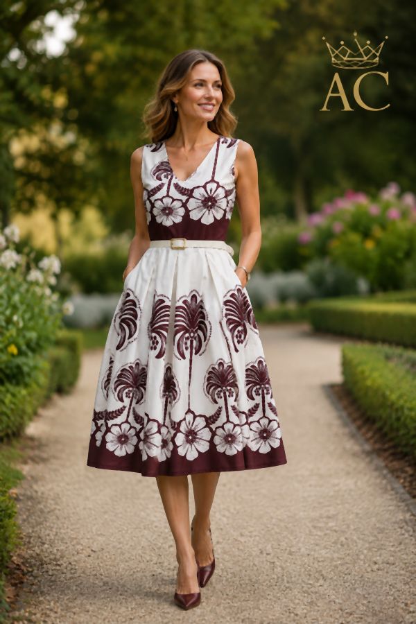 Dress Sylvie nm100 palm trees and hibiscus v-neck bell skirt eco-leather belt