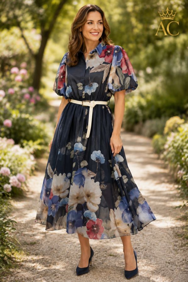 Jurk Sky nm97 tencel pofmouw kraaghals anemonen elastische tailleband en ecolederen riem gevoerd