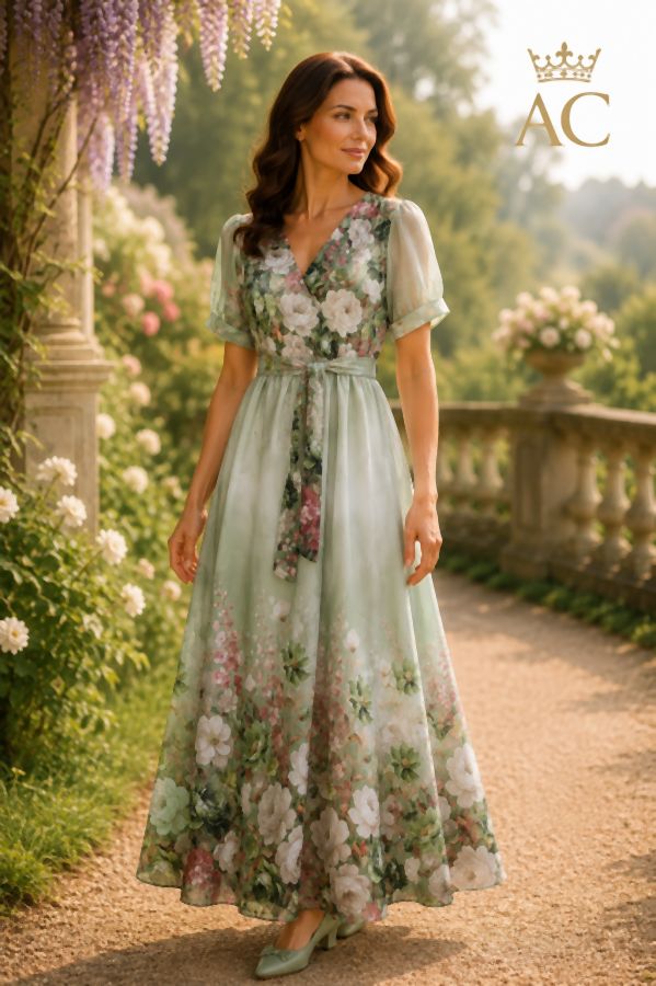Long dress Sieb nm90 tencel bell skirt roses and peonies v-neck waist bow