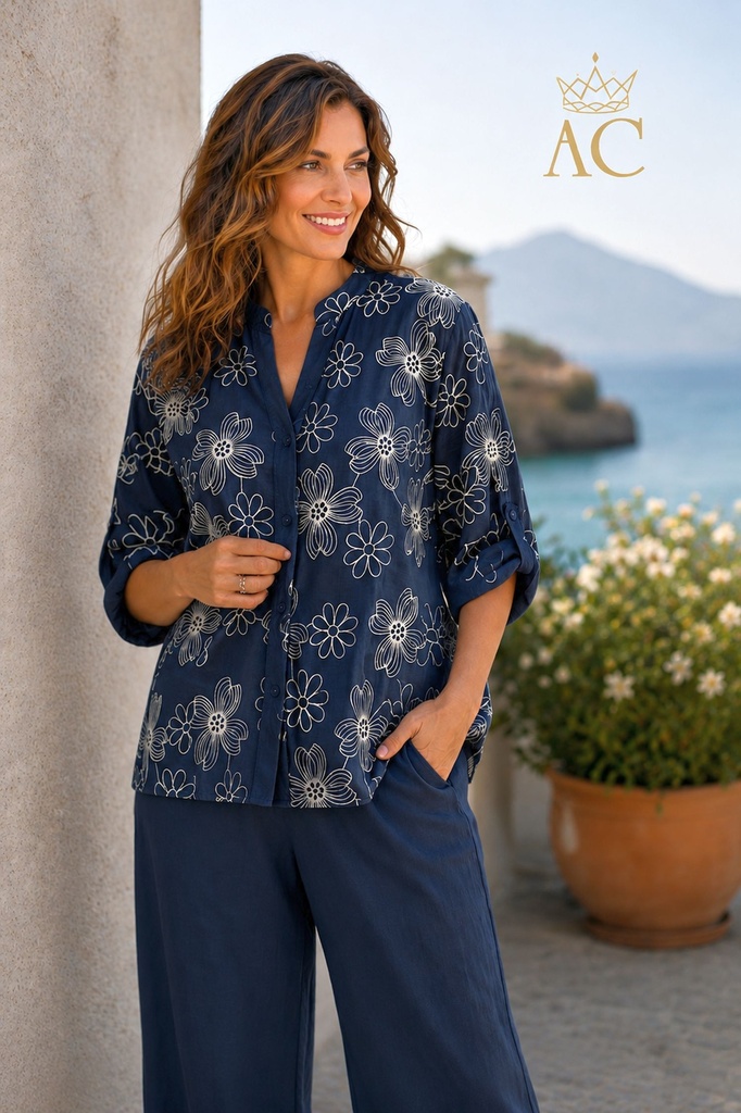 Blouse Osarugue nm85 bloem geborduurde tencem Tunesische kraag