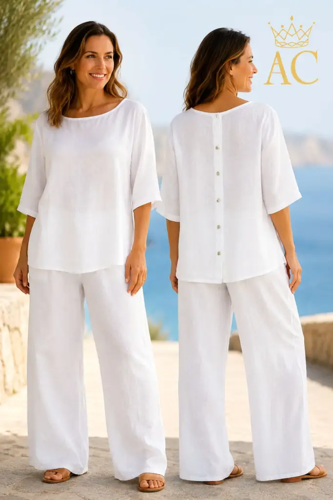 Blouse Odeke nm100 wijd linnen open hals nacré knoopjes op rug