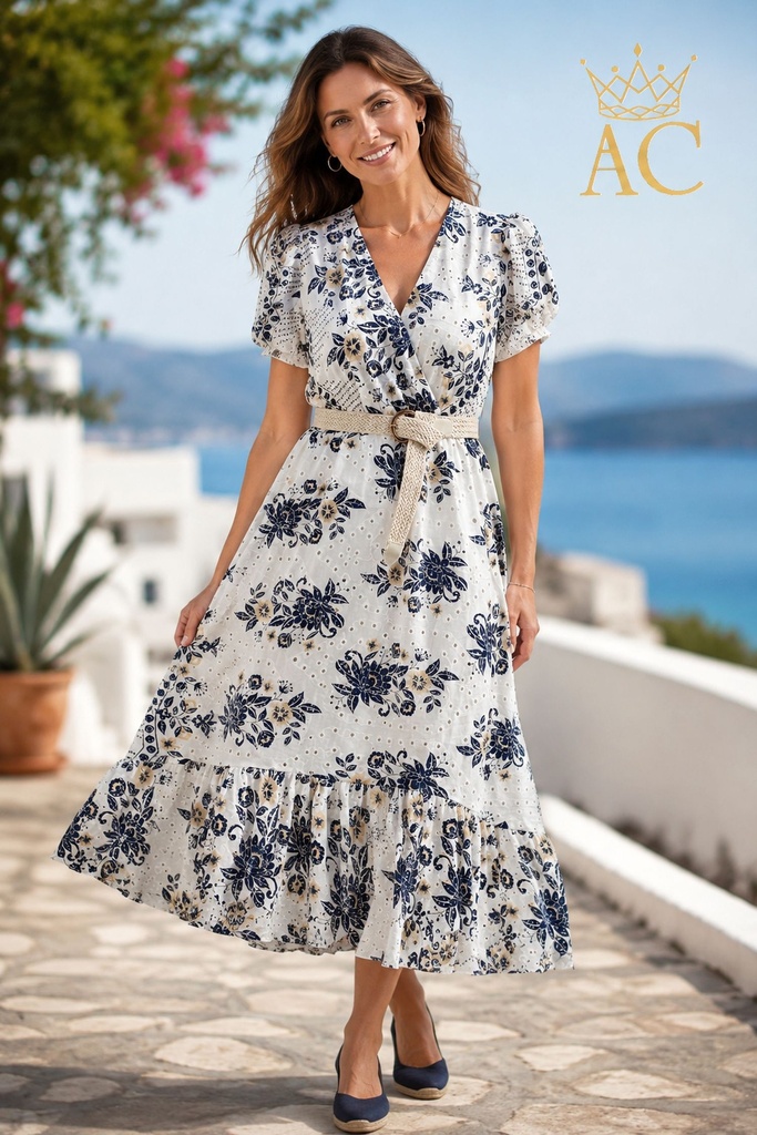Long summer dress Olena nm100 floral ajour embroidered cotton crossed V-neckline